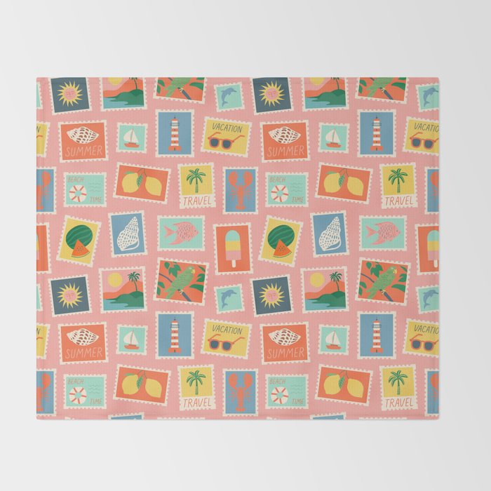 Vintage summer post card stamp pattern Throw Blanket Gallery Image 2