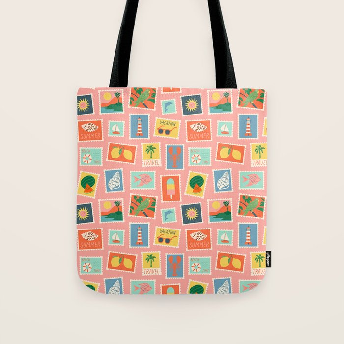 Vintage summer post card stamp pattern Tote Bag Gallery Image 1