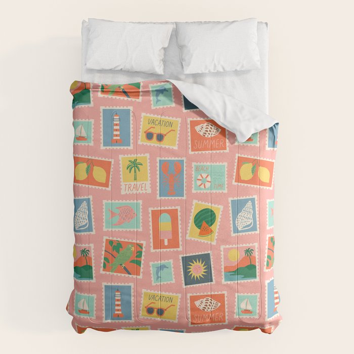 Vintage summer post card stamp pattern Comforter Gallery Image 6