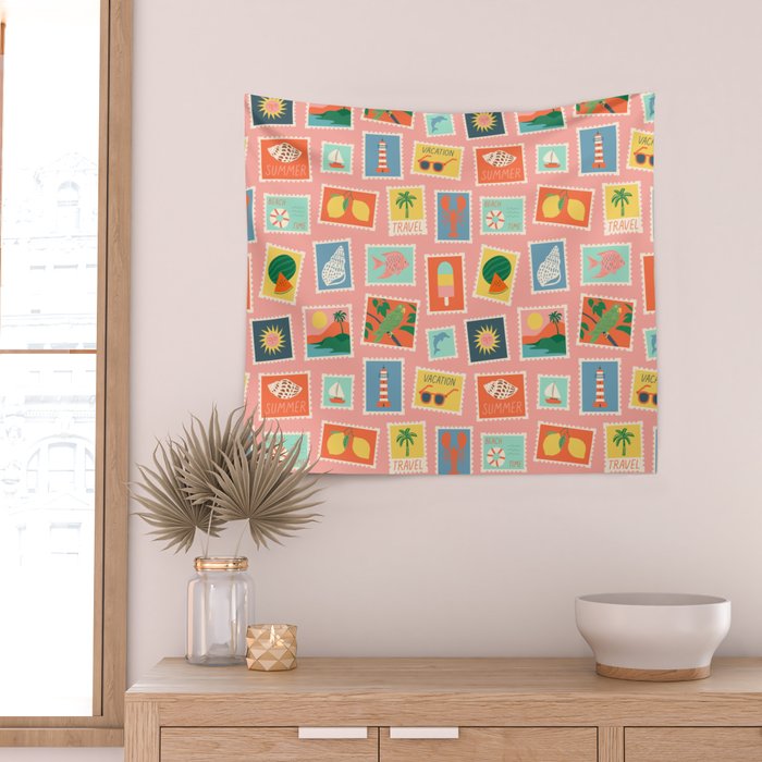 Vintage summer post card stamp pattern Wall Tapestry Gallery Image 2