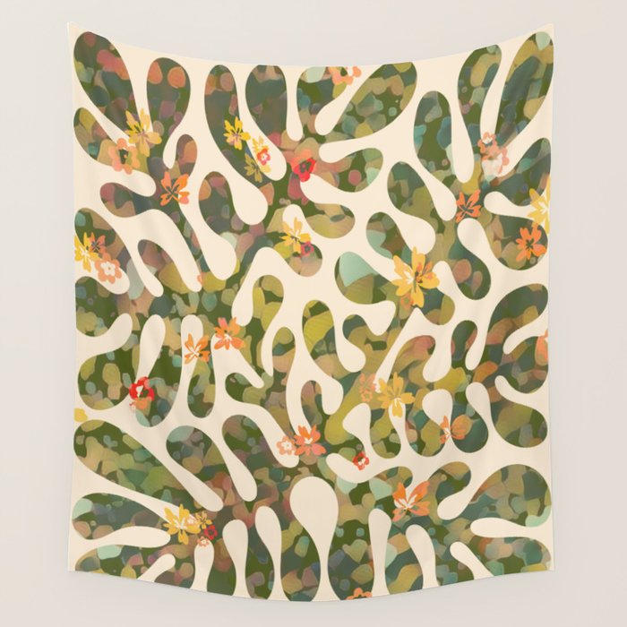 Matisse Inspired Colorful Abstract Leaves with Flowers Wall Tapestry Gallery Image 1