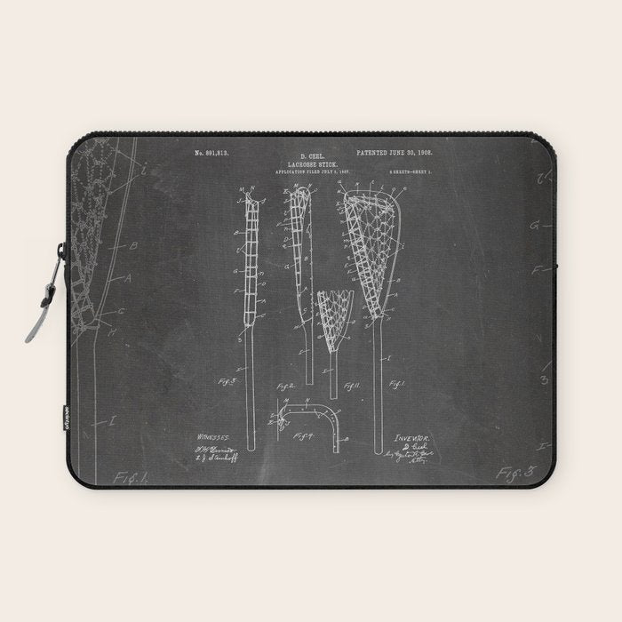 Lacrosse Stick Patent - Lacrosse Player Art - Black Chalkboard Laptop Sleeve Gallery Image 1