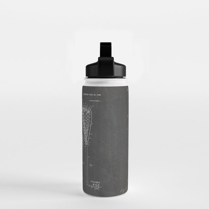 Lacrosse Stick Patent - Lacrosse Player Art - Black Chalkboard Water Bottle Gallery Image 2