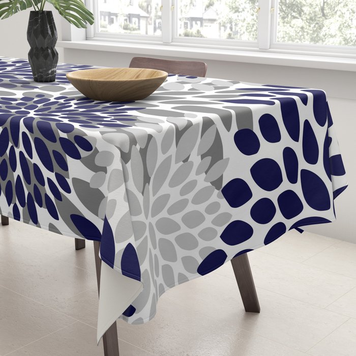Abstract, Floral Prints, Navy Blue and Grey Tablecloth Gallery Image 3