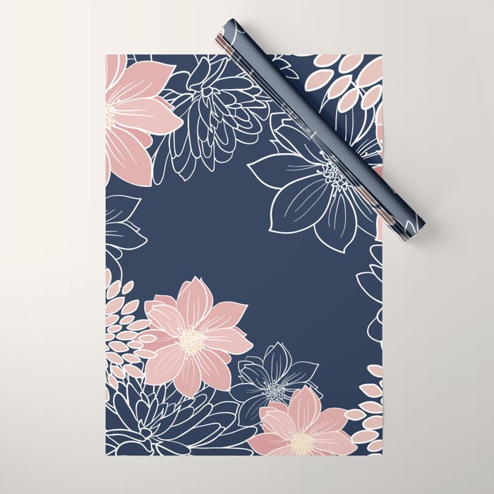 Festive, Floral Prints and Line Art, Navy Blue and Pink Wrapping Paper Gallery Image 1