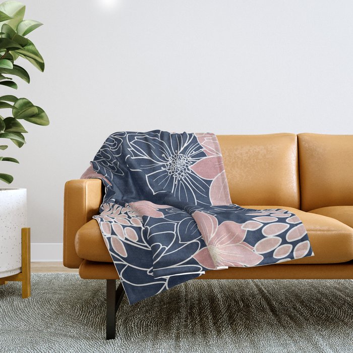 Festive, Floral Prints and Line Art, Navy Blue and Pink Throw Blanket Gallery Image 1
