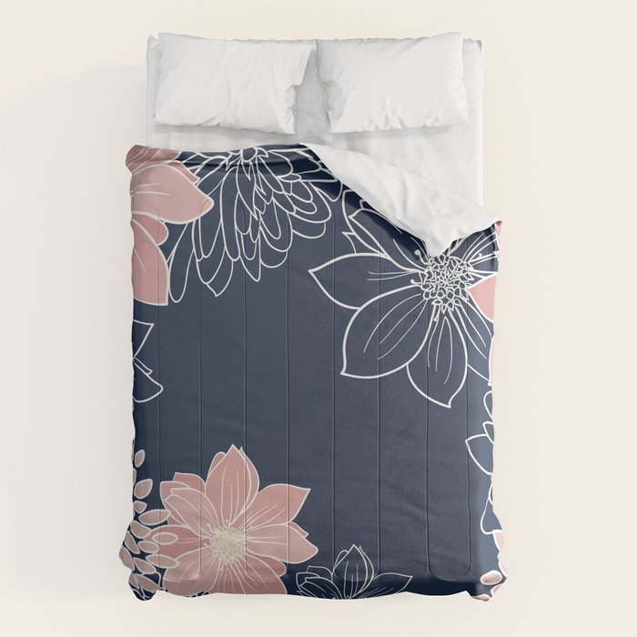 Festive, Floral Prints and Line Art, Navy Blue and Pink Comforter Gallery Image 1