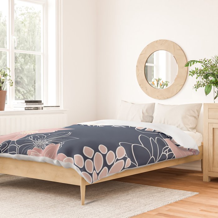 Festive, Floral Prints and Line Art, Navy Blue and Pink Duvet Cover Gallery Image 2