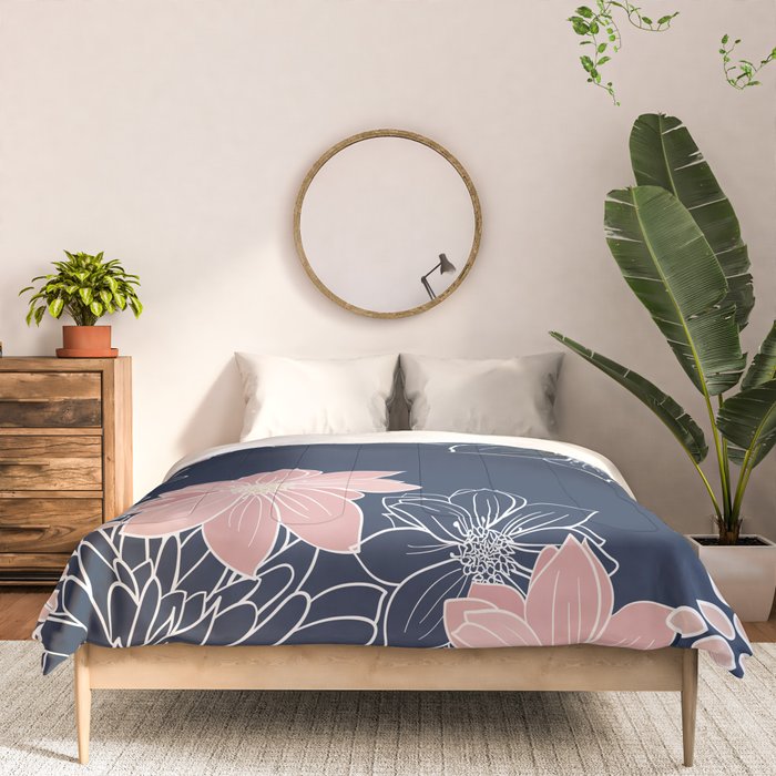 Festive, Floral Prints and Line Art, Navy Blue and Pink Comforter Gallery Image 3