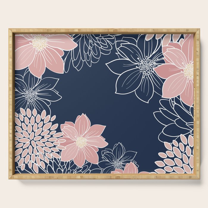 Festive, Floral Prints and Line Art, Navy Blue and Pink Serving Tray Gallery Image 1