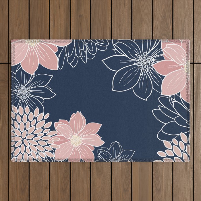 Festive, Floral Prints and Line Art, Navy Blue and Pink Outdoor Rug Gallery Image 1