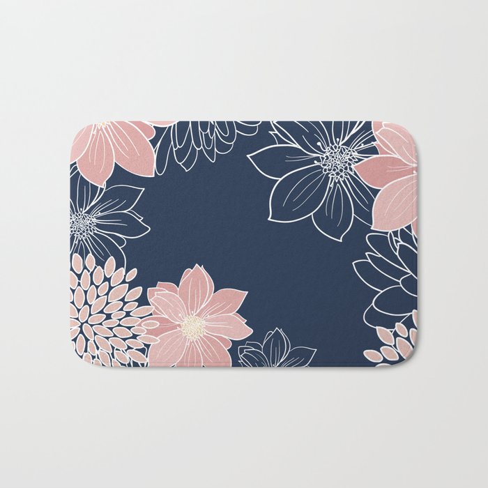 Festive, Floral Prints and Line Art, Navy Blue and Pink Bath Mat Gallery Image 1
