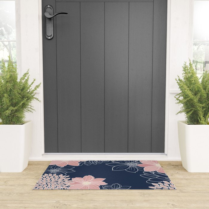 Festive, Floral Prints and Line Art, Navy Blue and Pink Welcome Mat Gallery Image 3