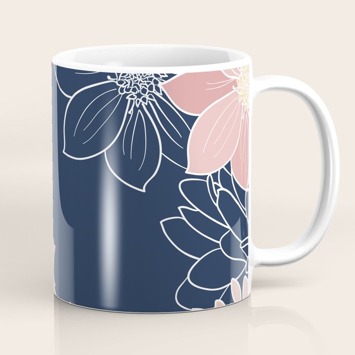 Festive, Floral Prints and Line Art, Navy Blue and Pink Coffee Mug Gallery Image 1