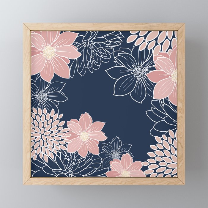 Festive, Floral Prints and Line Art, Navy Blue and Pink Mini Art Print Gallery Image 1