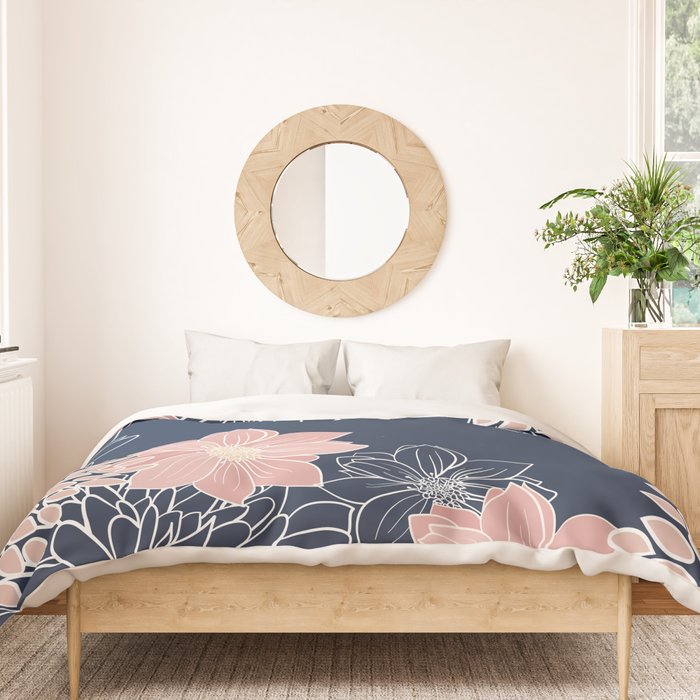 Festive, Floral Prints and Line Art, Navy Blue and Pink Duvet Cover Gallery Image 3