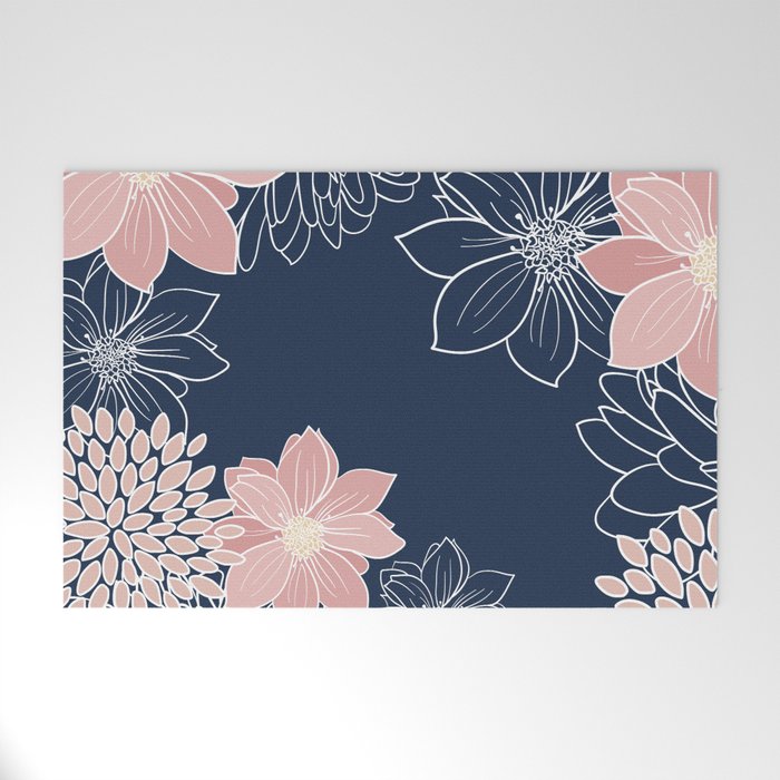 Festive, Floral Prints and Line Art, Navy Blue and Pink Welcome Mat Gallery Image 1