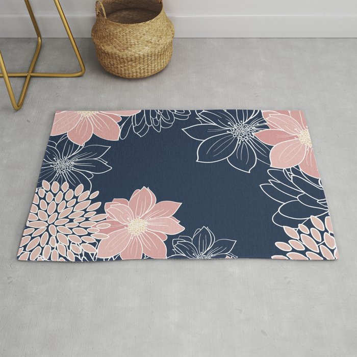 Festive, Floral Prints and Line Art, Navy Blue and Pink Rug Gallery Image 1