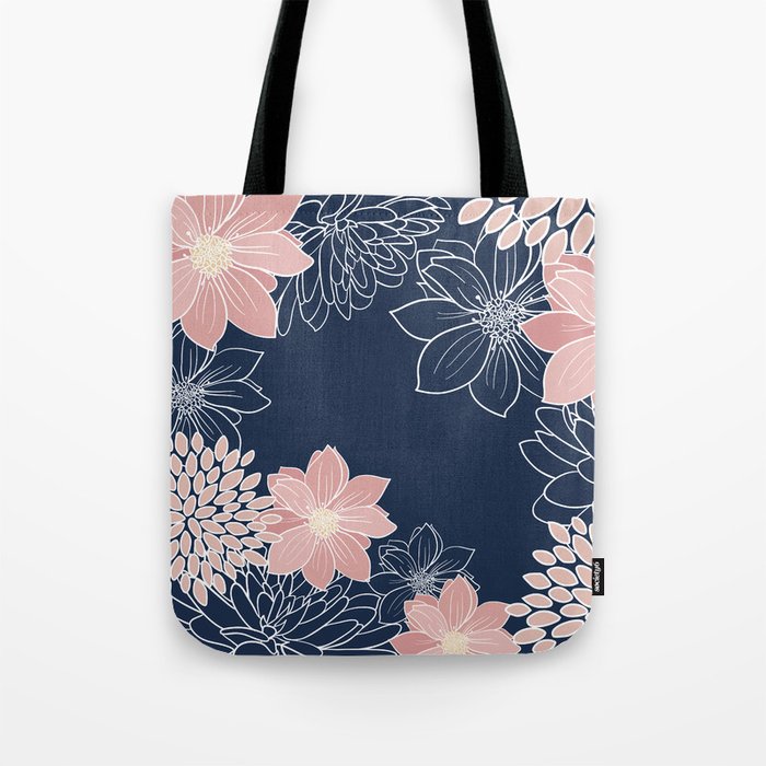 Festive, Floral Prints and Line Art, Navy Blue and Pink Tote Bag Gallery Image 1