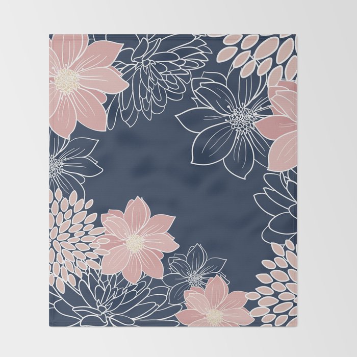 Festive, Floral Prints and Line Art, Navy Blue and Pink Throw Blanket Gallery Image 2