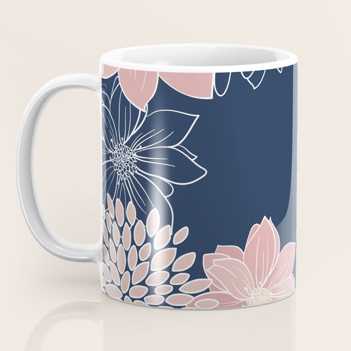 Festive, Floral Prints and Line Art, Navy Blue and Pink Coffee Mug Gallery Image 3