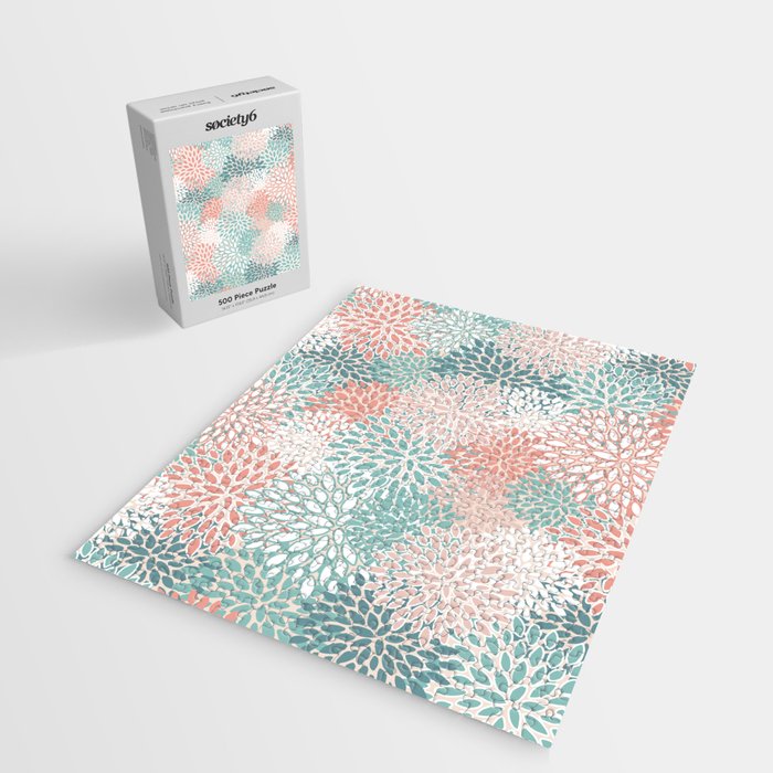 Modern Floral Prints, Coral Teal and Green Jigsaw Puzzle Gallery Image 2