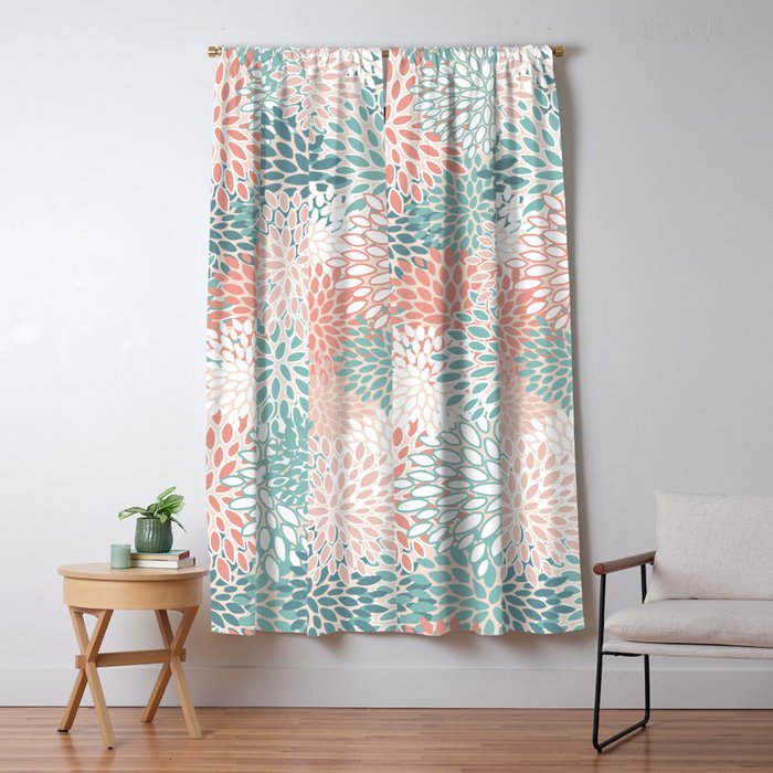 Modern Floral Prints, Coral Teal and Green Window Curtain Gallery Image 5
