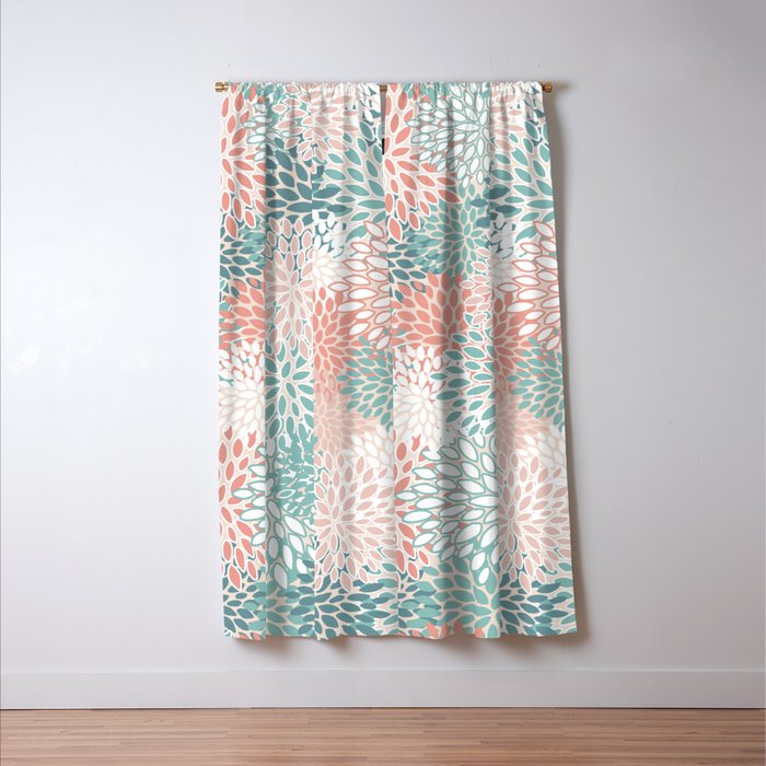 Modern Floral Prints, Coral Teal and Green Window Curtain Gallery Image 3