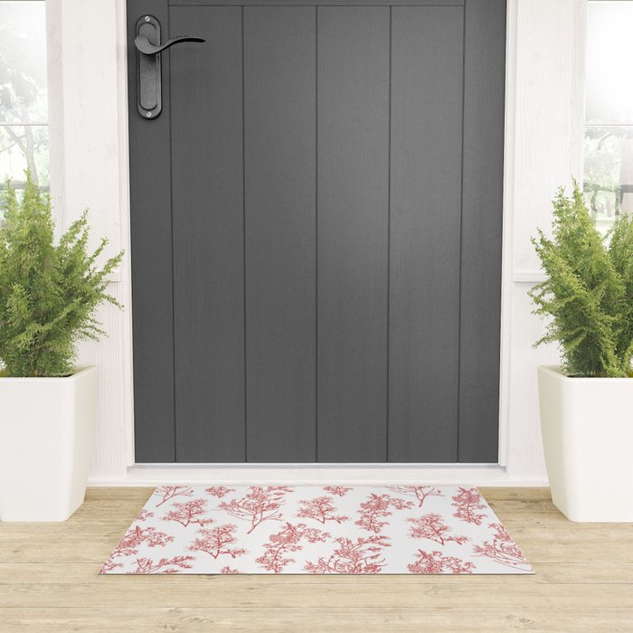 Botanical Cottage Floral Pattern in Red and White Welcome Mat Gallery Image 3