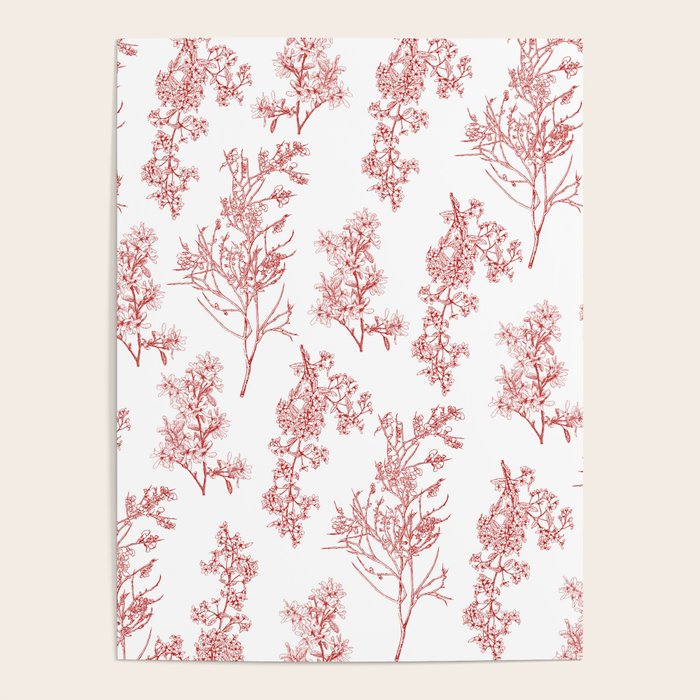 Botanical Cottage Floral Pattern in Red and White Poster Gallery Image 1
