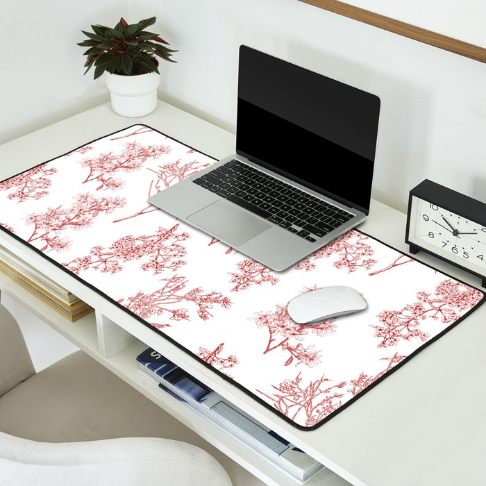 Botanical Cottage Floral Pattern in Red and White Desk Mat Gallery Image 2