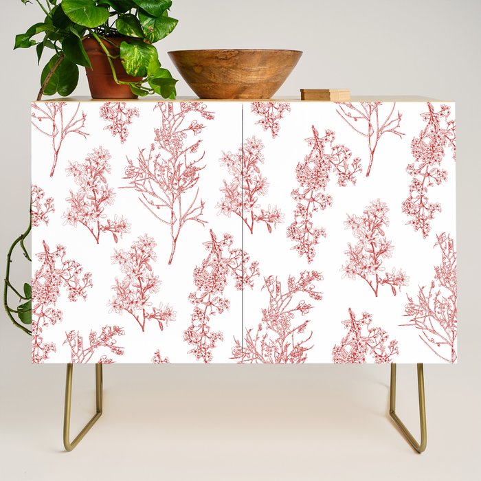 Botanical Cottage Floral Pattern in Red and White Credenza Gallery Image 1