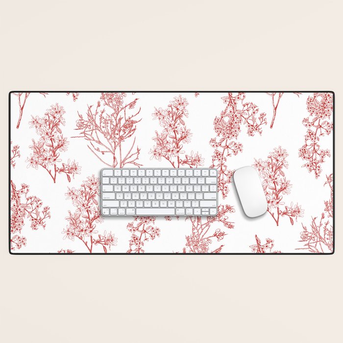 Botanical Cottage Floral Pattern in Red and White Desk Mat Gallery Image 1
