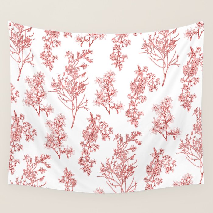 Botanical Cottage Floral Pattern in Red and White Wall Tapestry Gallery Image 4