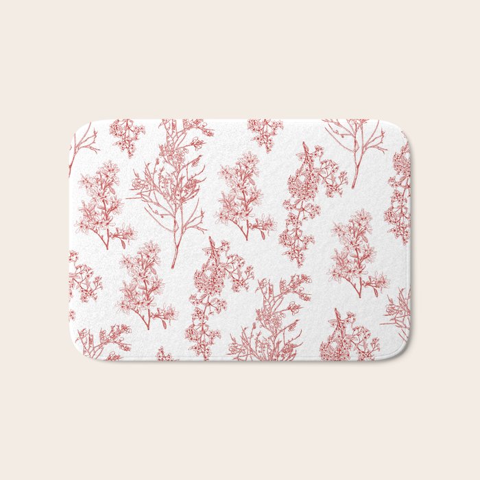 Botanical Cottage Floral Pattern in Red and White Bath Mat Gallery Image 1