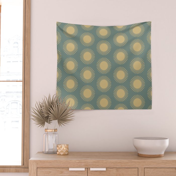 Boho Summer Sun Pattern XVI Neutral Earthy Sage Yellow Wall Tapestry Gallery Image 2