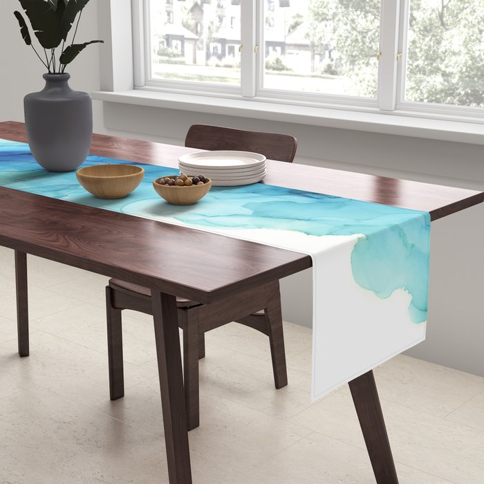 Emerald Sea Waves - Abstract Ombre Flowing Ink Table Runner Gallery Image 2