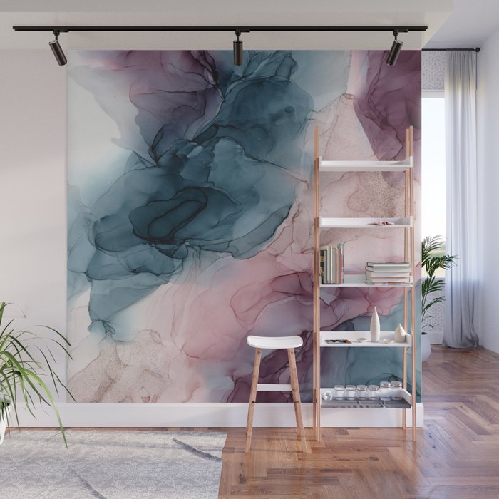 Pastel Plum, Deep Blue, Blush and Gold Abstract Painting Wall Mural Gallery Image 1