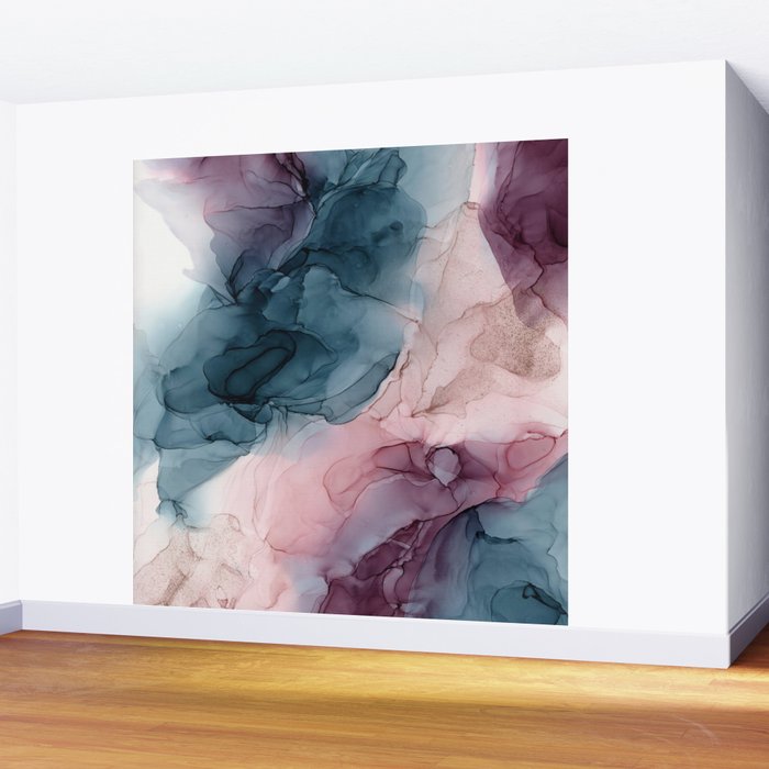 Pastel Plum, Deep Blue, Blush and Gold Abstract Painting Wall Mural Gallery Image 2