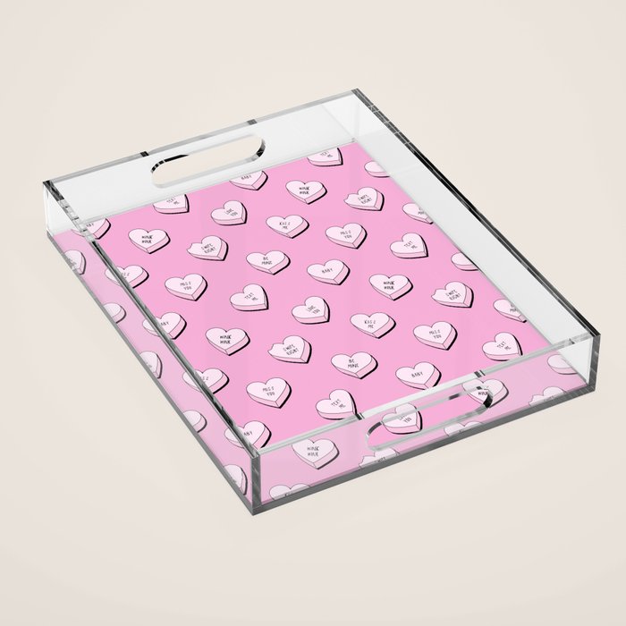 Pink love heart candy cartoon pattern Acrylic Tray Gallery Image 1
