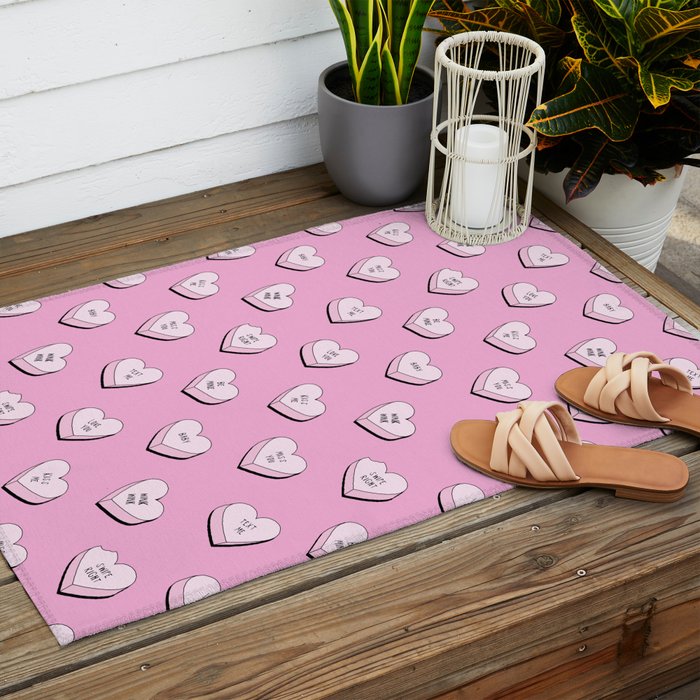 Pink love heart candy cartoon pattern Outdoor Rug Gallery Image 2
