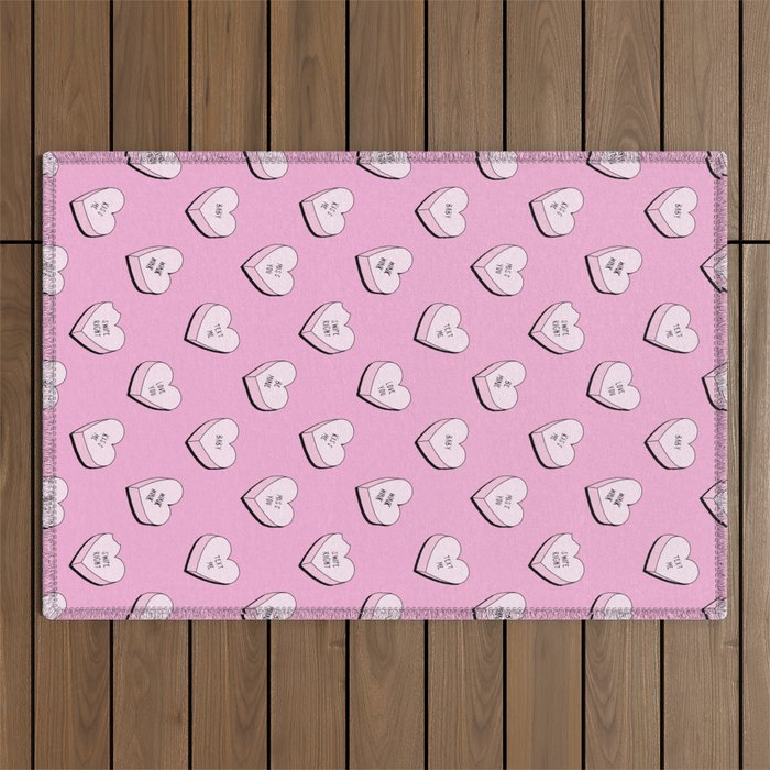 Pink love heart candy cartoon pattern Outdoor Rug Gallery Image 1