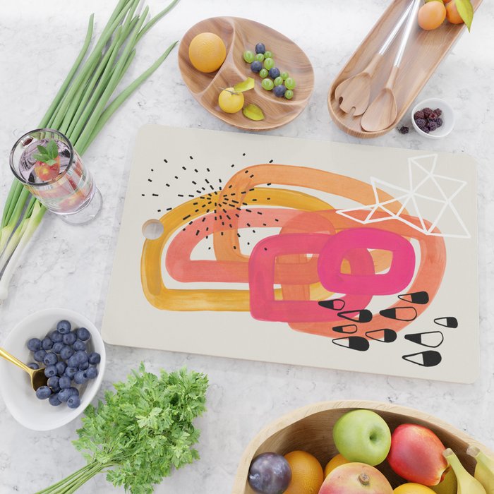 Mid Century Modern Abstract Colorful Art Ombre Magenta Yellow Circles Raindrops Geometric Pattern Cutting Board Gallery Image 2
