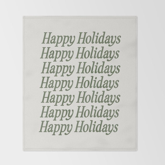 Happy Holidays Muted Green On Cream Throw Blanket Gallery Image 2