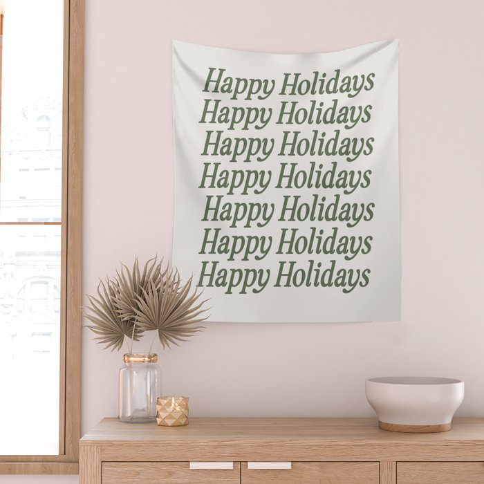 Happy Holidays Muted Green On Cream Wall Tapestry Gallery Image 2