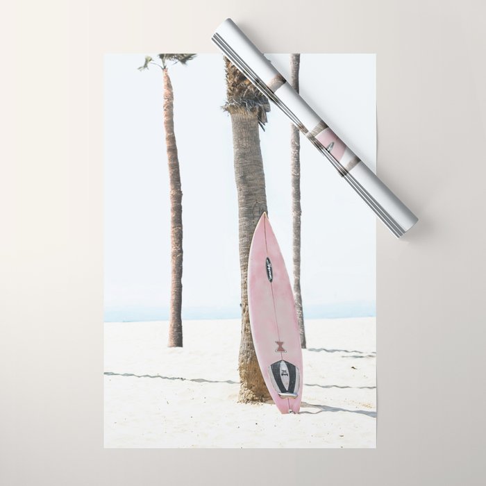 Pastel Pink Surfboard at Beach Wrapping Paper Gallery Image 1