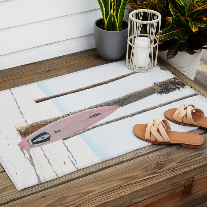 Pastel Pink Surfboard at Beach Outdoor Rug Gallery Image 2