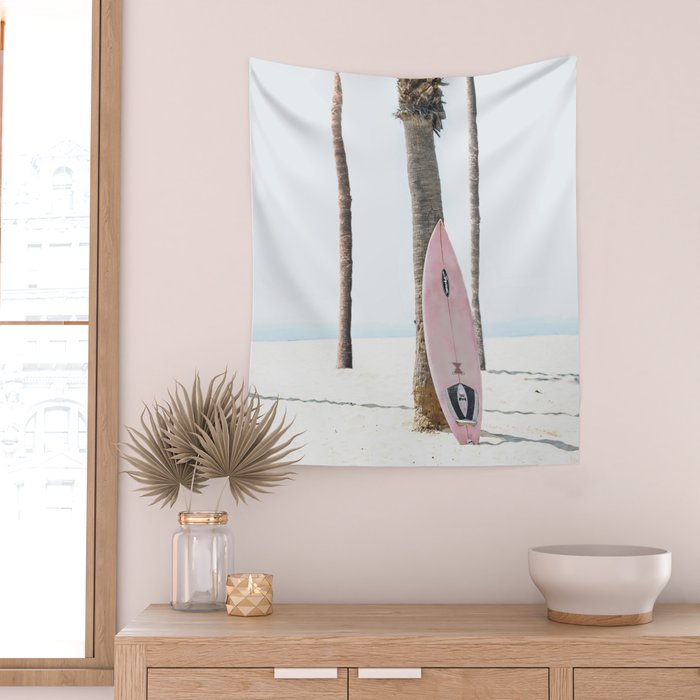 Pastel Pink Surfboard at Beach Wall Tapestry Gallery Image 2
