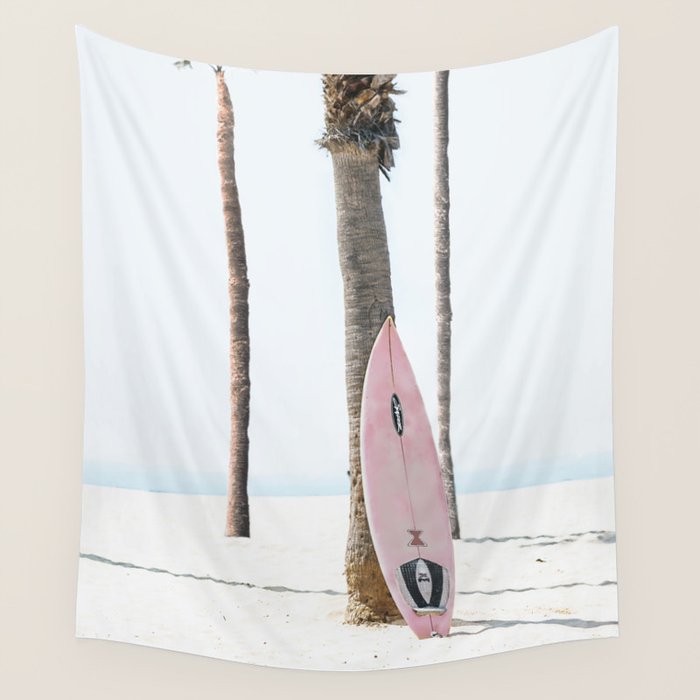 Pastel Pink Surfboard at Beach Wall Tapestry Gallery Image 4