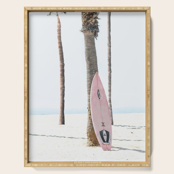 Pastel Pink Surfboard at Beach Serving Tray Gallery Image 1